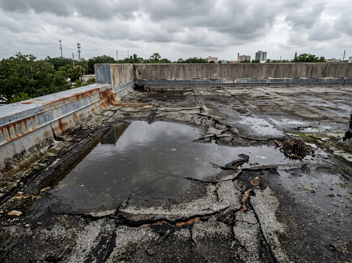 Aged flat roof with ponding water and membrane cracking before TPO roof replacement