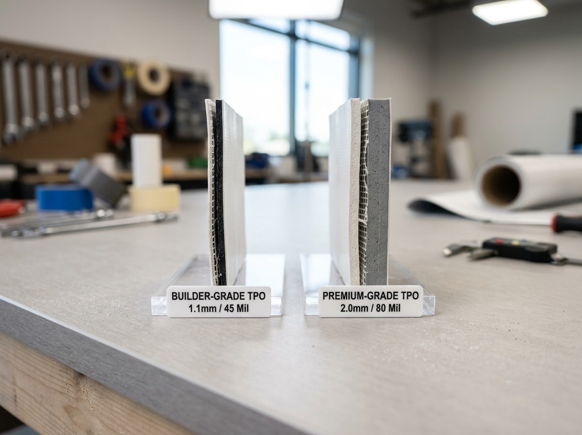 Close-up comparison of thin builder-grade TPO membrane next to thicker premium TPO membrane