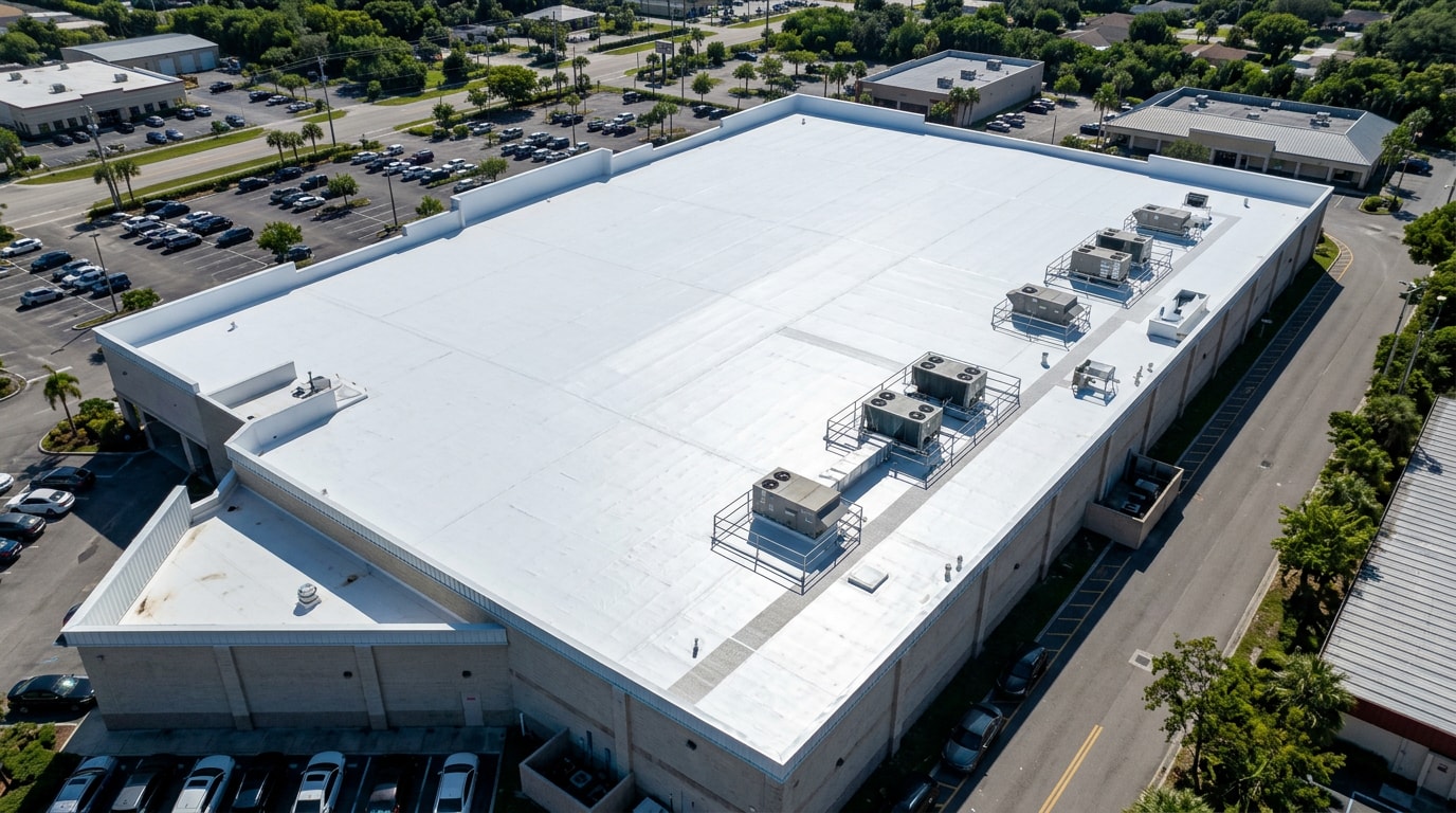 Newly installed white TPO roof membrane on a commercial building in Lakewood Ranch, FL