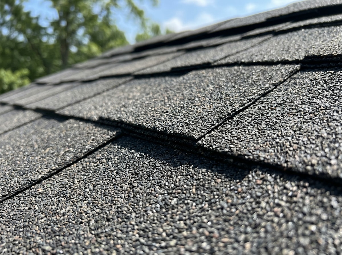 Close-up texture of architectural asphalt shingles installed on a Florida roof