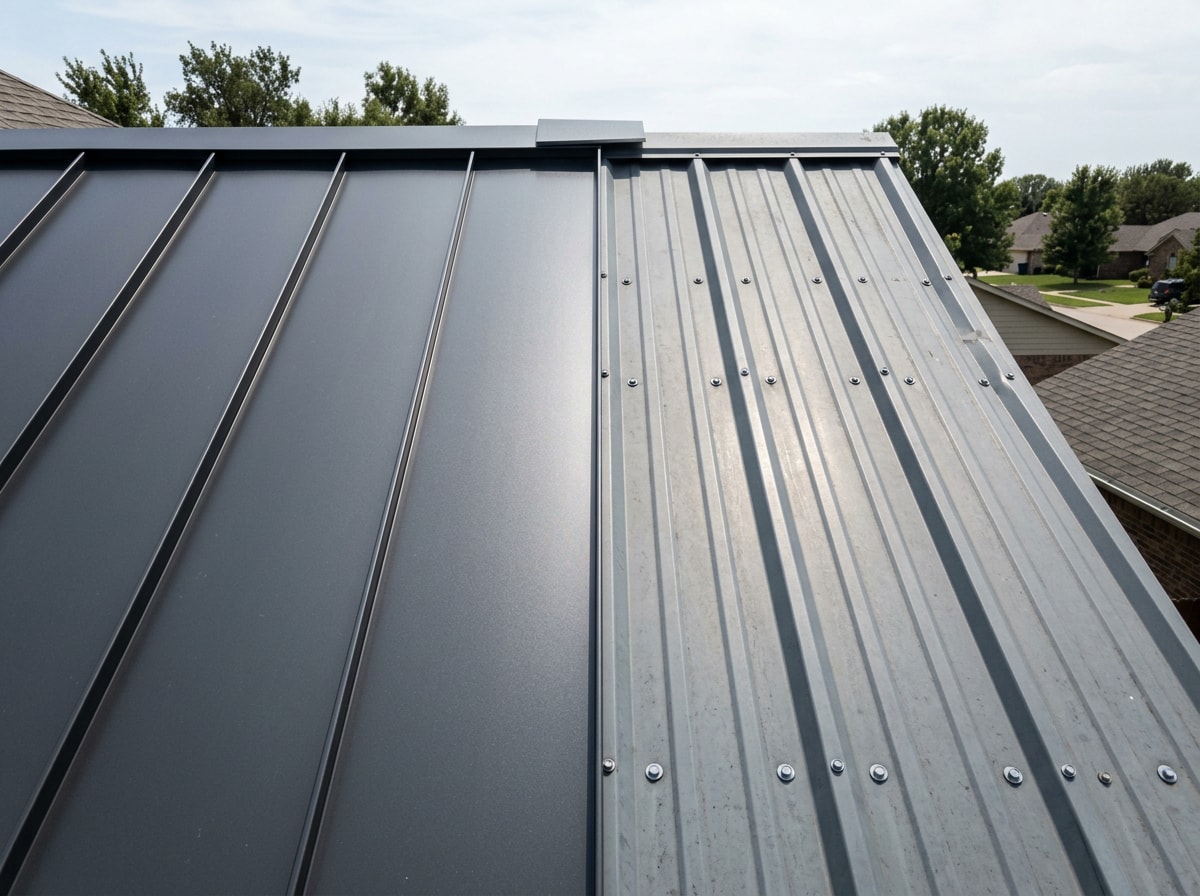 Side-by-side comparison of standing seam and exposed fastener metal roof panels