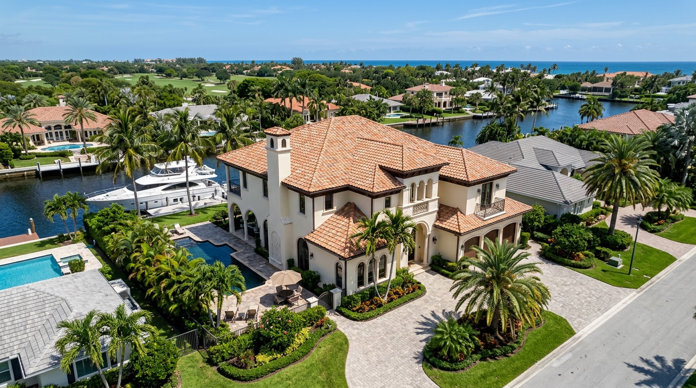Aerial view of a finished concrete tile roof on a Florida home in Manatee County