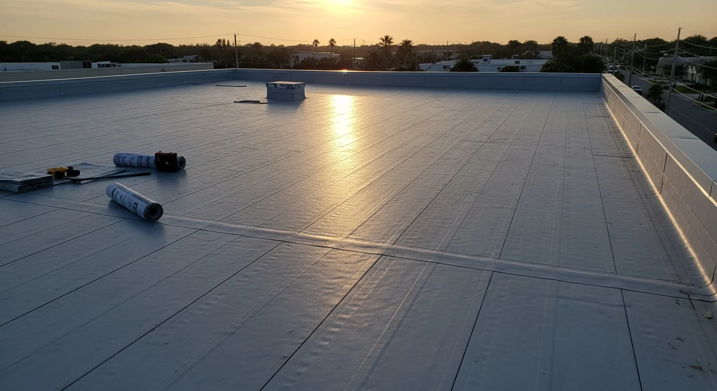 Commercial roofing contractor working on flat roof system for business building