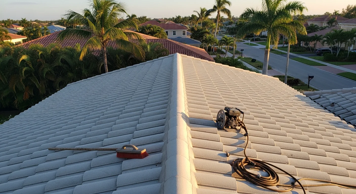 Roof cleaning service removing moss and algae from residential roof