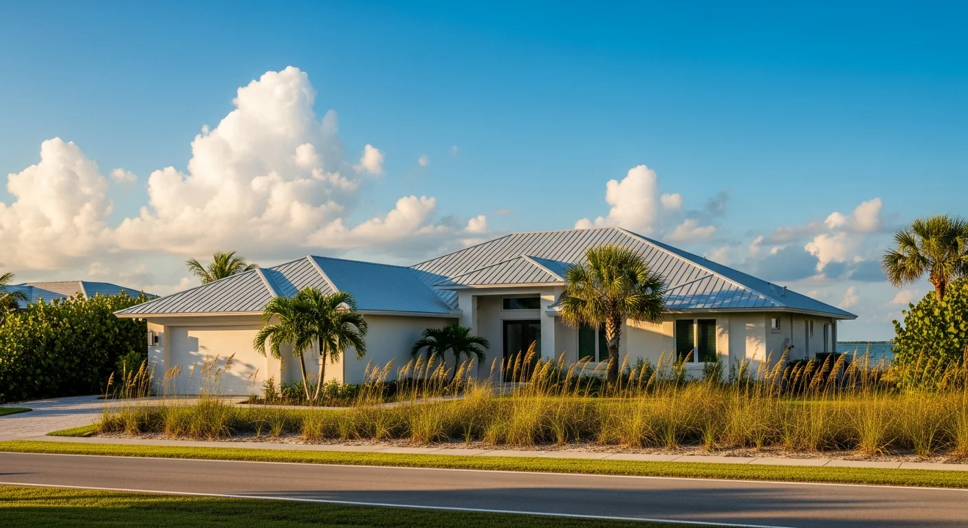 Beachfront home on Anna Maria Island with Gulf views and coastal landscaping under blue sky.