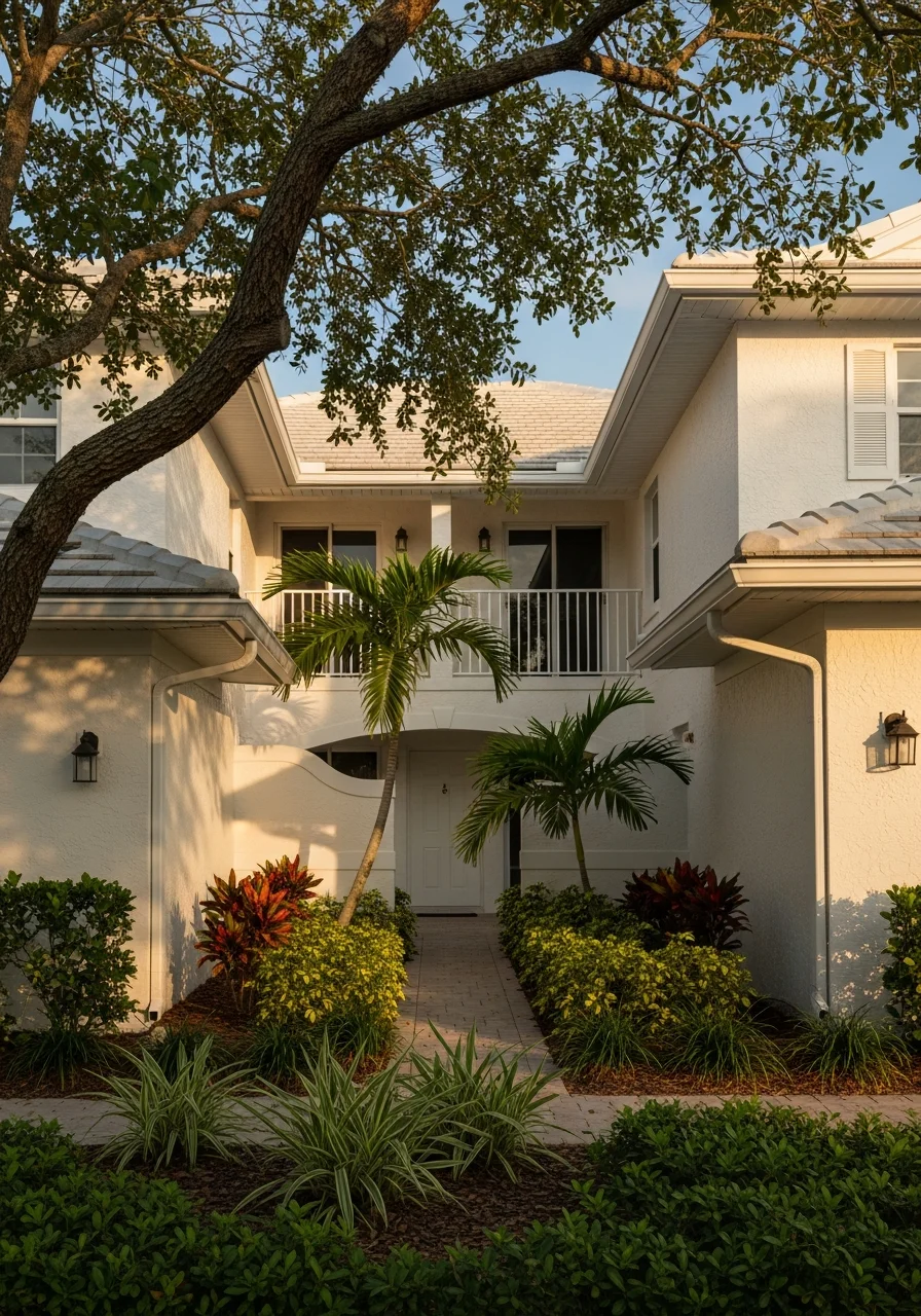 Vacation rental property exterior on Siesta Key showing well-maintained facade and entry area.