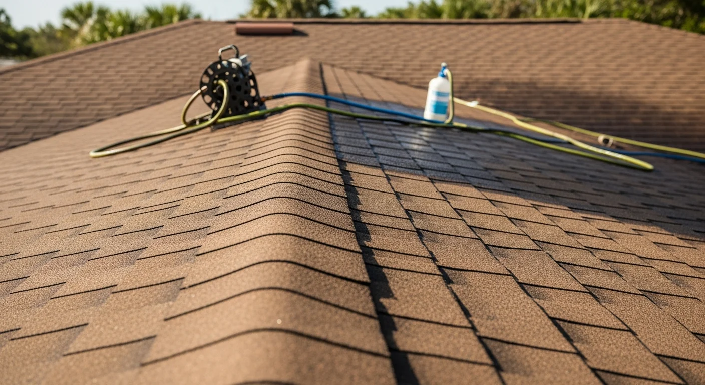 A residential roof on Anna Maria Island showing before-and-after algae removal, with dark black streaks cleared from asphalt shingles to reveal a clean, uniform surface. The coastal home sits under bright Florida sun with the cleaned roof visible from street level.