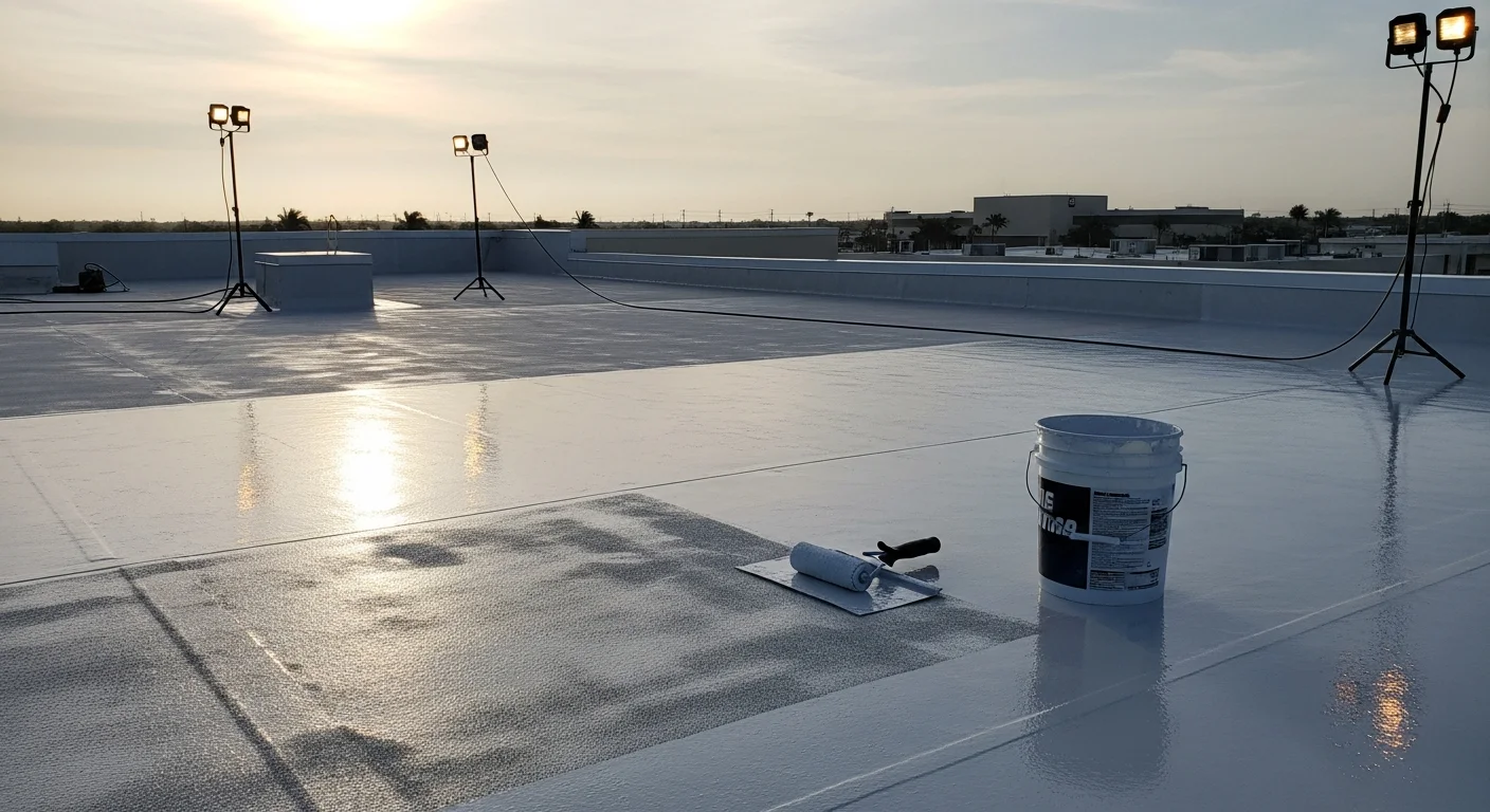 A commercial flat roof on Anna Maria Island with a freshly applied reflective coating, showing a smooth, sealed surface across the full rooftop. The Gulf Coast waterfront is visible in the background, illustrating the coastal salt-air environment the coating is designed to withstand.