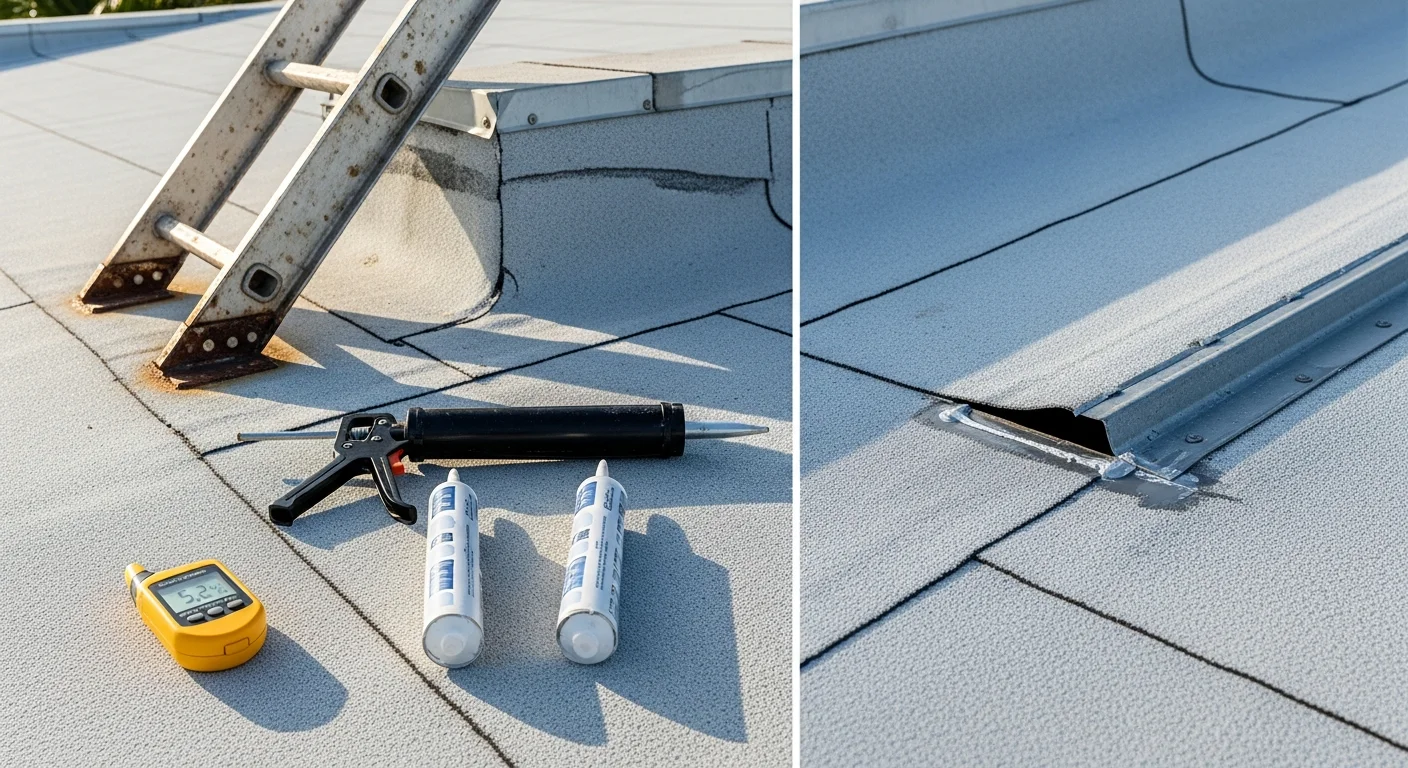 A commercial roofing technician inspecting the flat roof membrane and drainage scuppers of a low-rise business building on Anna Maria Island, Florida. The Gulf Coast waterfront is visible in the background under bright Florida sunlight.
