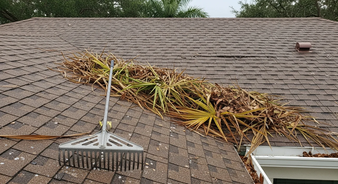 A residential roof on Anna Maria Island with cleared valleys and clean gutters after professional debris removal by Avery Roof Services. Palm fronds and storm debris have been removed from the full roof surface, showing clean shingles in a coastal Florida setting.