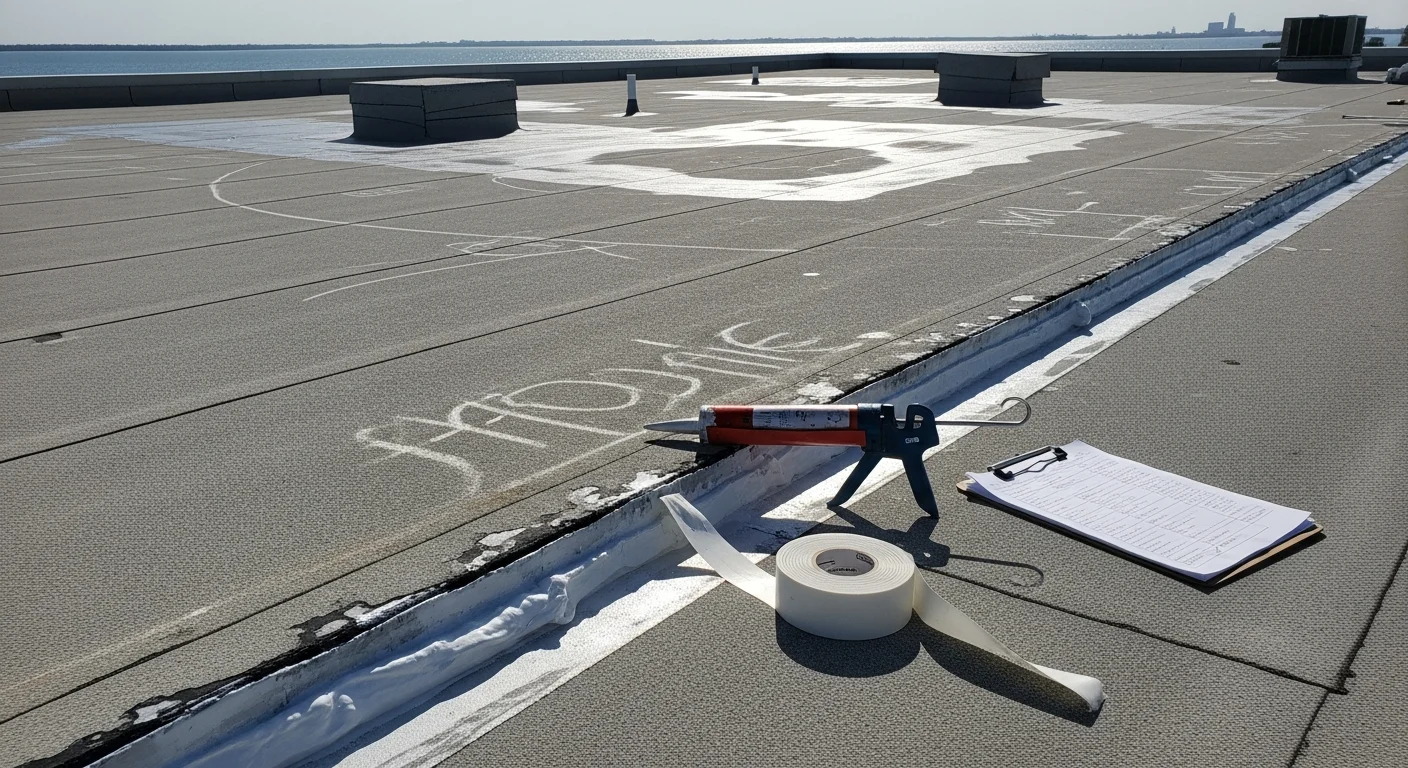 A commercial flat roof on Anna Maria Island showing a completed membrane repair with sealed seams and clean flashing along the roof perimeter. The Gulf Coast environment is visible in the background, with clear skies after storm weather.