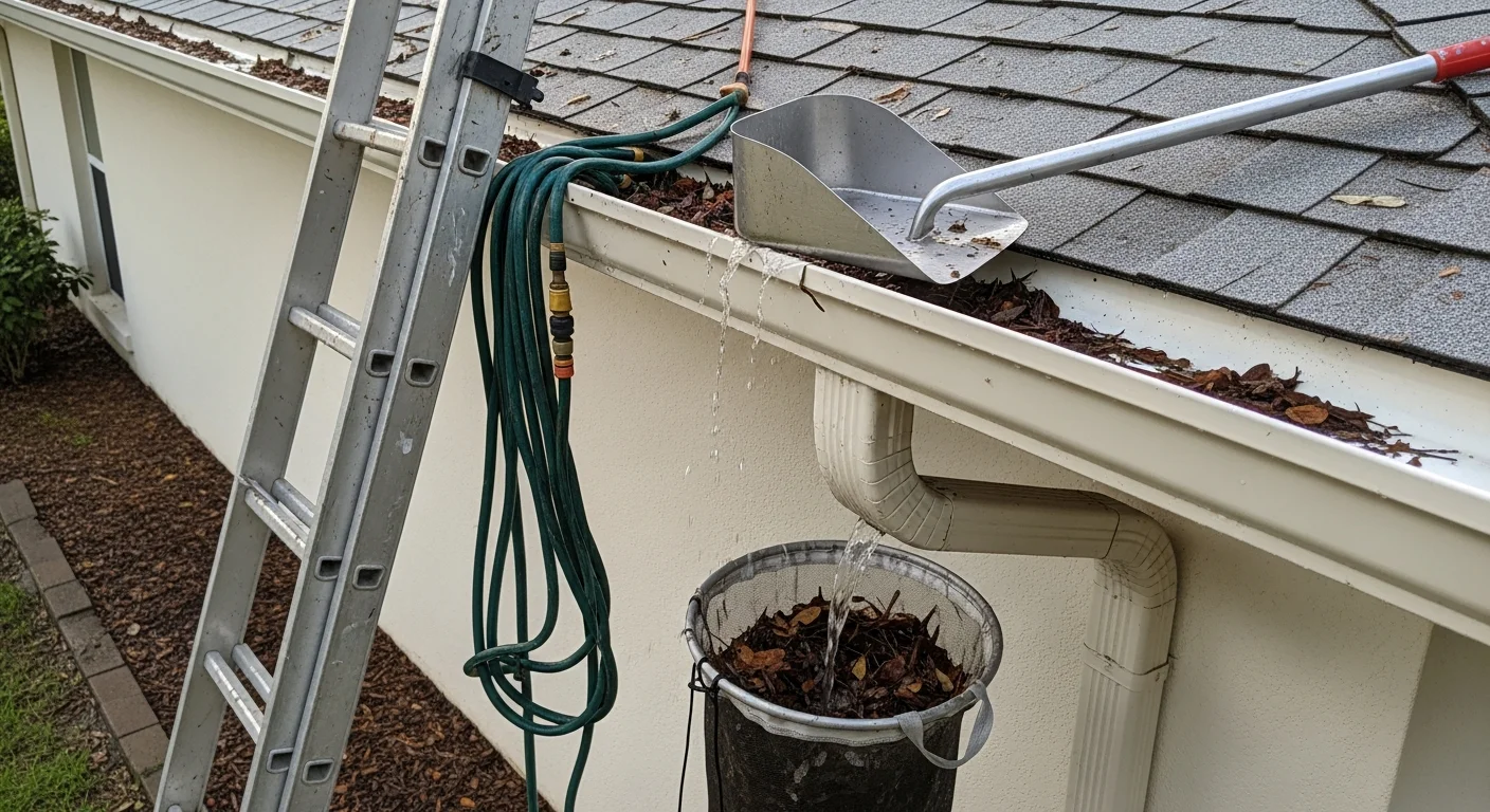 A technician from Avery Roof Services clearing packed debris from a residential gutter on an elevated coastal home on Anna Maria Island. The downspout is being flushed to confirm clear water flow after cleaning.