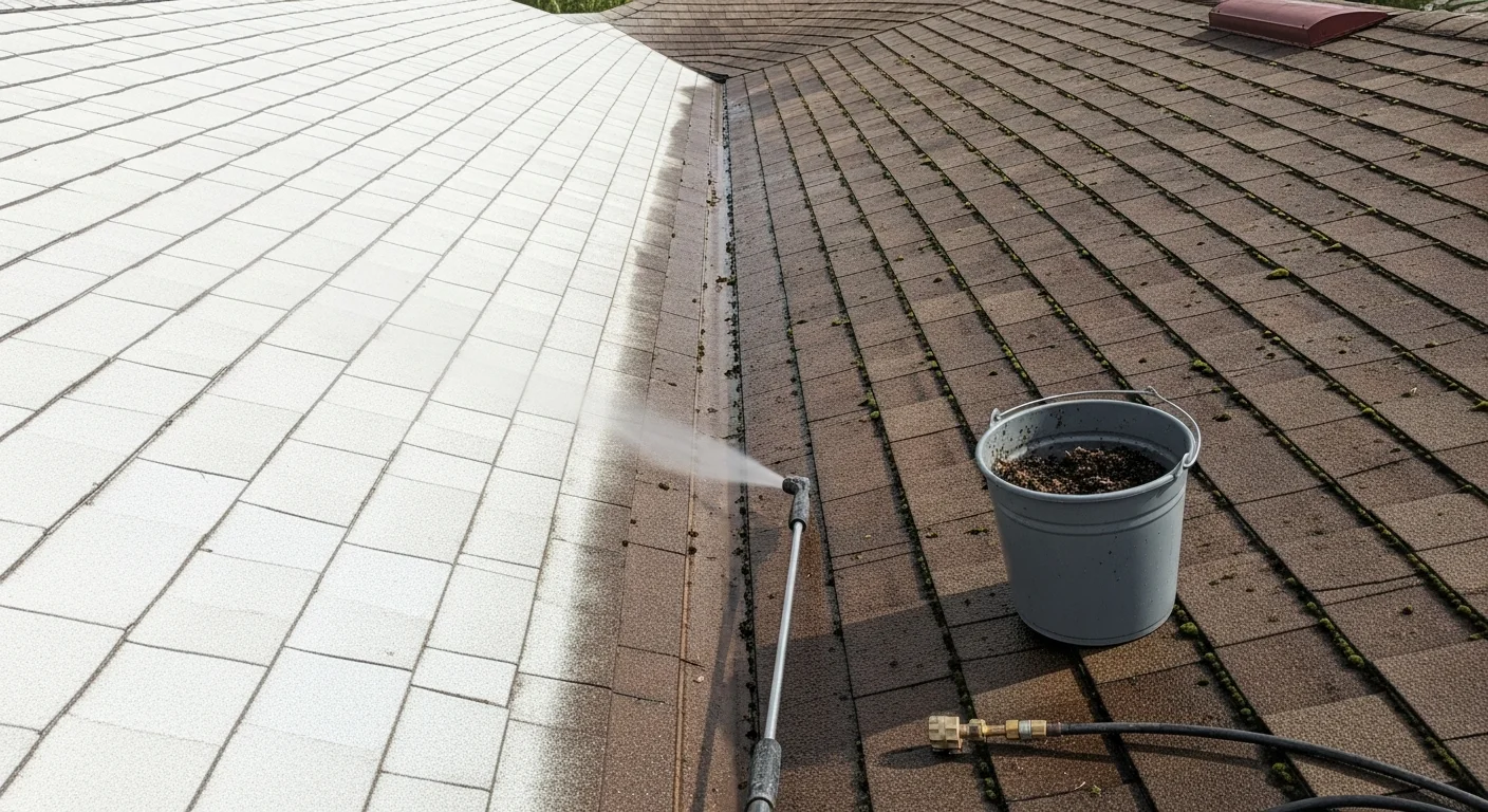 Close-up view of a residential roof on Anna Maria Island showing green moss growth cleared from asphalt shingles after professional low-pressure moss removal service. Clean roofline visible against a coastal Florida sky.