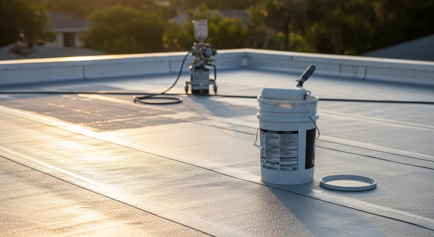A sealed and freshly coated low-slope residential roof on a coastal home on Anna Maria Island, Florida, with the Gulf of Mexico visible in the background. The smooth, light-colored coating surface reflects sunlight across the roofline of a typical island beach cottage.