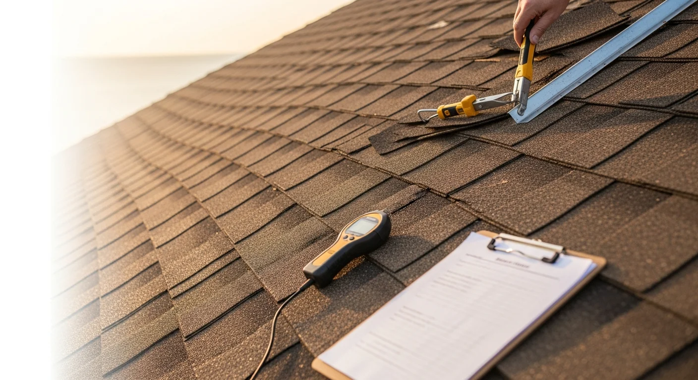 A roofing contractor inspecting the ridge line and flashings of a coastal home on Anna Maria Island, Florida. The image shows a weathered roof surface with Gulf-facing exposure and visible vent and flashing details under review.