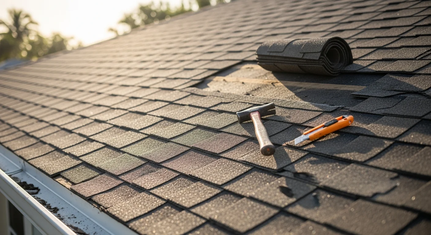A roofing contractor inspecting storm-damaged shingles and flashing on a coastal home on Anna Maria Island, Florida. Close-up view shows wind-lifted roofing material with the Gulf Coast visible in the background.