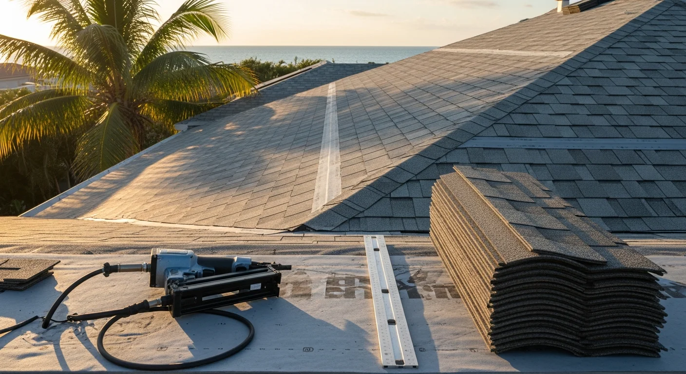 A completed roof replacement on a residential home on Anna Maria Island, Florida, showing a new coastal-rated roofing system installed on a single-story beachside property. The finished roof sits against a clear Gulf Coast sky with palm trees visible in the background.