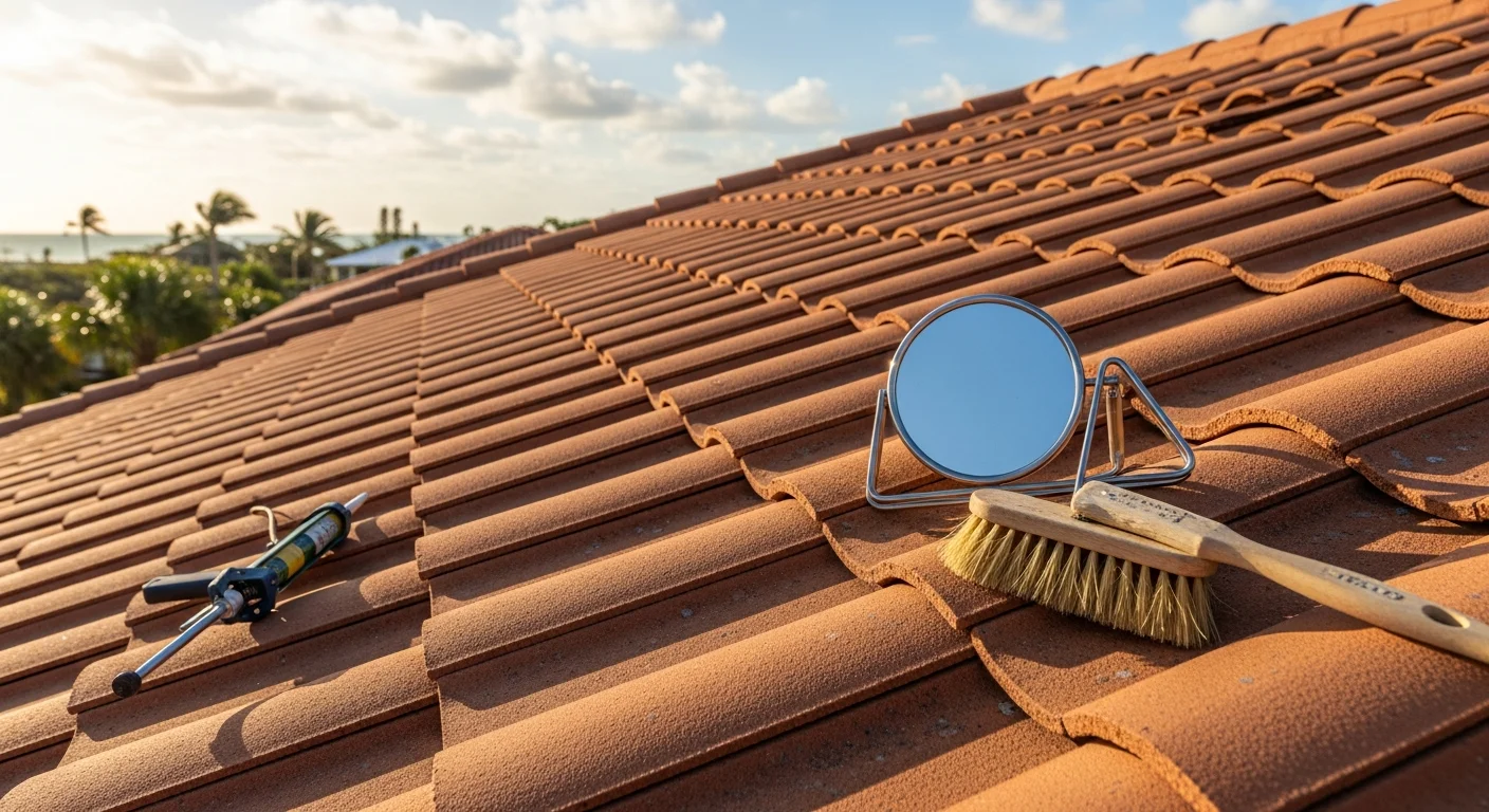 A roofing technician inspecting clay tile rows and ridge caps on a residential home on Anna Maria Island, Florida. Close-up view shows tile condition and flashing detail against a coastal sky.